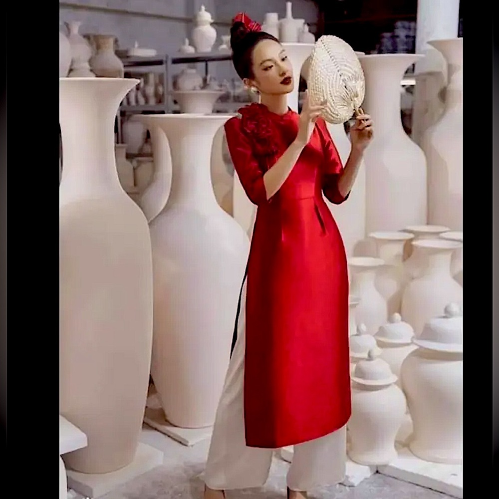 🆕 Stunning Vietnamese Ao Dai Tafta in Red Chiffon cach tan dress size XL